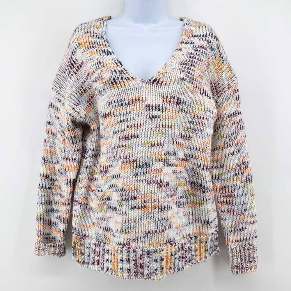 NWT LOFT Multicolor Chunky Knit V-Neck Pullover Sweater Confetti Marled Slit S
